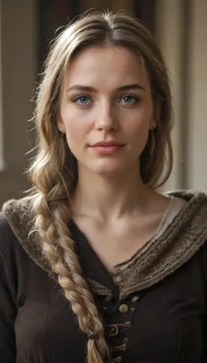 A proud Nordic mature Milf stands, her presence radiating unwavering strength. Her dark heavy braid falls down her back, framing a face marked with determination and fortitude. Laced leather pants and leather thigh-high boots. This stunning portrait captures her piercing blue eyes reflecting the icy landscapes of her homeland. The intricate details of her embroidered Viking armor and fur-lined cloak speak of her warrior spirit. This high-quality painting seamlessly combines strength and grace, drawing the viewer into the gripping story of a fierce Nordic warrior princess. Body manipulation, divine proportions, clever smile, sideways glance, body manipulation, casual, inexperienced, shy, (((rule of thirds))), high quality, high detail, high resolution, backlight, (long exposure:2)