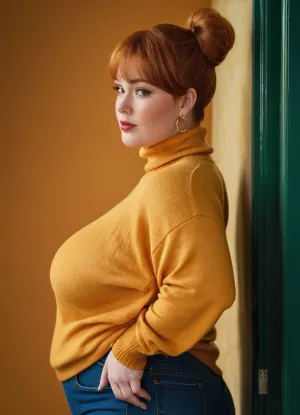 (oversized ssbbw), . Oversized thick thighs and oversized wide hips. Oversized wide sweater. Natural ginger hair, pixie cut hairstyle. Freckles on face. Long eyelash. chubby face, (chesty), teasing seductively, lips, lipstick. Tight jeans. Big earrings. massive fat cleavage, Seductive posing., yuigahama_mother_a, orange, hair, bun, single, sidelocks, bangs, eyes, mature, female, large, breasts, sweater, turtleneck, denim, jeans, pants, ((shot from side)), <lora:ガハママ Yuigahama mother (My Youth Romantic Comedy Is Wrong As I Expected.)_XL:.4>