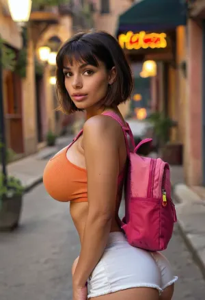underboob, on the streets of a city, sex worker on the corner, hooker, prostitute, dora the explorer, (exploring working girl life with amazement and wonder), dora the explorer's outfit, dora, explorer, latina, mexican, tanned skin, black bob bowlcut haircut, bangs, jungle, ruins, jungle ruins, (orange denim shorts), (bright pink tank top), (yellow socks), (white sneakers), huge tits, huge ass, busty, giant boobs, giant butt, purple backpack, red light district, crop top, tiny shorts, booty shorts, cute face, pretty face, pretty eyes, high detail face, high quality face, high resolution photo, 8K, HD, best quality, solo, but, 4ng3l, face, <lora:UnderboobXL:.8>, <lora:Alanya Ruins:.8>, <lora:Latin_girl:.8>, <lora:BUT_SDXL_SHS:.8>, <lora:SDXL_BetterFaces-LoRA_v1:.8>