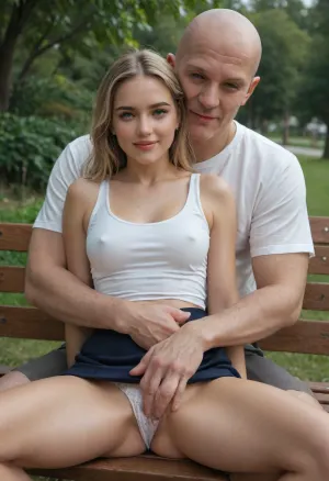 A tall young very beautiful 18-year-old blonde Russian girl in a tank top and a spacious skirt sits on a 2 depraved bald old men's lap and hugs his neck On a bench in the park, (white panties), (A fully clothed 2 bald old men), a slut smile, The chest is medium, (the old man's hand under the skirt on the girl's crotch), (2 old men+ 1 girl), groping tits, fingering, grabing boobs, High detail, excellent image quality