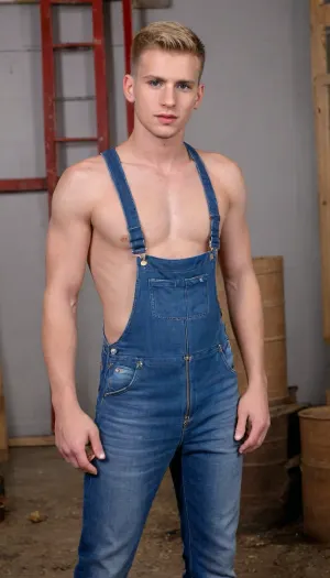 One blond boy model, young slender boy, short 18 years old, small hips, skinny, flat chest, small ass, open fullbody overalls, open unwashed overalls, start undressing overalls, (zippered overalls open from neck down to testicles:1.9), naked under overalls, visible upper body and penis, deep suntan, (long penis:1.2), (erection:1.4), shaved pubes, no pubic hair, shaved penis, hairless, no pussy hole, erotic gay photo shot, stands in the manure in the pigsty, ultra detailed, full body in frame, high quality, detailed skin texture, (highly detailed hair), realistic, <lora:xpenis-1.5e:.8>