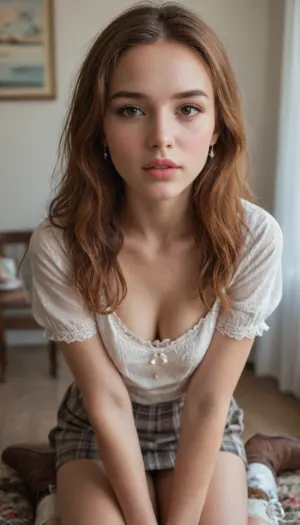 3/4 body view, cute russian girl, blush, brown eyes, ((thin and narrow lips)), ginger long hair, body, small boobs, beauty face, cleavage, skirts, fully clothed, pretty, faces, lovely looking at viewer, teasing, begging, (((very much want have sex))), side by side, inside, pixie boots, same outfit, close together, flat, chested, <lora:flat_chested_v3.5:.8>