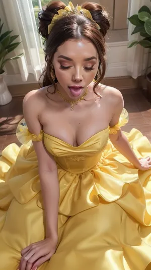 Disney princess Belle, iconic yellow dress is see through, on her knees, (blowjob), eyes closed, cum dripping from her mouth, hand rubbing her naked pussy in horny pleasure, cuminmouth, LickingPenisQuiron, pose, fellatio, pov, penis, erection, licking, <lora:quiron_LickingPenis_V2_lora:.8>