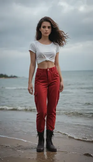 a beautiful and captivating young woman facing the camera and swinging her arms by her side as she walks on a stormy beach. She has dark flowing hair, an expressive and emotional face, wearing a long-sleeved-red-tee, red cargo pants and red Caterpillar boots. The wind is gently blowing through her hair, **selective colour effect** with only her clothing in red, black and white background and skin, soft cinematic lighting, dramatic clouds, full body view, powerful yet graceful presence. Reminiscent of cinematography in Schindlers List