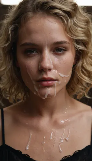 portraitof a young woman, slim, blonde, weavy hair, flatchested, wearing little black dress, (cum on face, thick white cum), . woman, cum, on, face, <lora:JustCum:1.4>