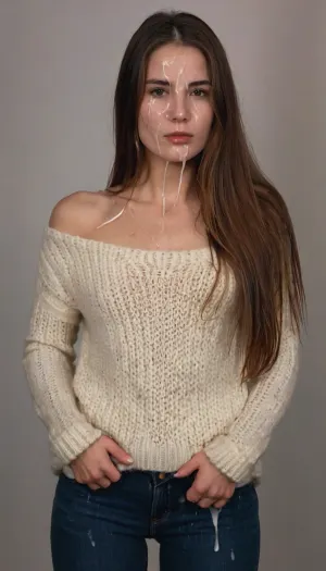 full body portrait of a young woman, slim, brunette, long straight thick hair, flatchested, wearing a wool-sweater and jeans, (cum on face, thick white cum:1.3), . woman, cum, on, face, <lora:JustCum:1.4>