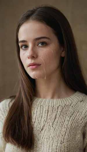 half body portrait of a young woman, slim, brunette, long straight thick hair, flatchested, wearing a wool-sweater and jeans, (cum on face, thick white cum), . woman, cum, on, face, <lora:JustCum:1.4>