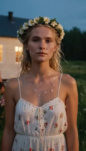 full body portrait of a young woman, swedish, flatchested, wearing a summerdress, flower wreath in hair, during white night, midsommar, (cum on face, thick white cum:1.2), . woman, cum, on, face, <lora:JustCum:1.1>