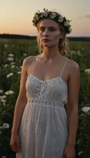 full body portrait of a young woman, swedish, flatchested, wearing a summerdress, flower wreath in hair, during white night, midsommar, (cum on face, thick white cum:1.2), . woman, cum, on, face, <lora:JustCum:1.1>