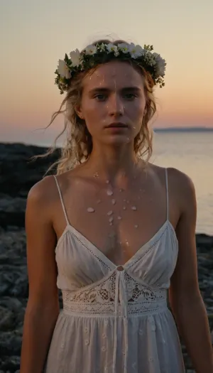 full body portrait of a young woman, swedish, flatchested, wearing a summerdress, flower wreath in hair, during white night, midsommar, (cum on face, thick white cum:1.2), on a rocky skerry. woman, cum, on, face, <lora:JustCum:1.1>