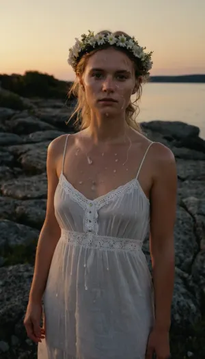 full body portrait of a young woman, swedish, flatchested, wearing a summerdress, flower wreath in hair, during white night, midsommar, (cum on face, thick white cum:1.2), on a rocky skerry. woman, cum, on, face, <lora:JustCum:1.1>