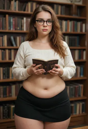 (Super fat ssbbw teen:1.2), big fat ass, obese, extremely wide hips. small boobs, (shy, nervous facial expression:1.3), (flatchested:1.4), heavy bottom, Long hairstyle. Long red hair, in knitted beige cardigan dark skirt glasses, white blouse and black skirt. Holding a stack of books, in public university library. Seductive posing, (thick thights and calves:1.3), (flat fit belly), 1.2, flat, chested, <lora:style_lora_realis:.8>, <lora:flat_chested_v3.5:1.1>, bottomheavy, big, ass, huge, gigantic, thick, thighs, massive, <lora:bottomheavy_v1_sdxl_tags:.8>