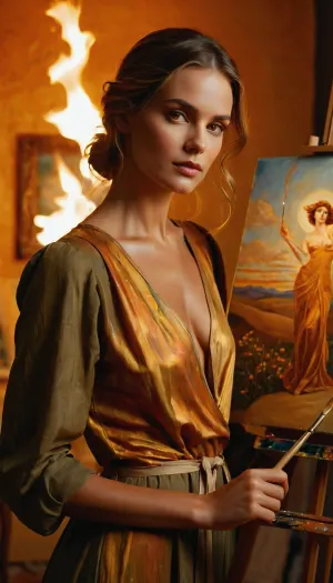 The sexy and confident Muse of painting, standing in front of an easel with an unfinished painting. She is wearing paint-stained clothes, with the fire of creativity burning in her eyes. She holds the brush like a magic wand. Art Nouveau, golden hour, warm colors, brush, palette, canvas