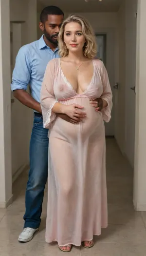 1 pregnant mature woman, 1 African boy, 1 cuckold white man, hotwife, with long blonde hair, voluptuous body, large, sagging, natural breasts, with dark brown nipples, brown eyes, African boy. He is tall and strong, hugging the mature woman next to him, who is shorter than him. And the mature woman is short and chubby, the mature woman in a short, transparent pink lace robe. And the boy in jeans, striking face in the photo, full body view, taken with NIKON D850, F/1.8, natural light, full body, good atmosphere, ultra-detailed, photorealistic, professional photography, professional photo shoot, incredibly detailed, details + professional lighting, photo lighting + 50mm, 100mm, full body photography, ultra-realistic, 8K, HDR.
