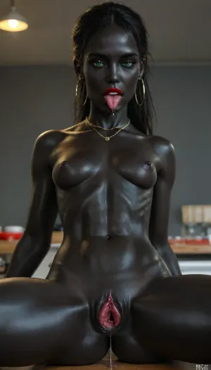 Photorealistic, high resolution, professional photography, ((close-up pussy:1.2)), zoom on pussy, side view, big meaty labia, swollen vulva, (woman licking clitoris, pussy licking, head between the legs), clitoris, tongue, pussy licking, (tongue on pussy, detailed tongue, saliva, wet, saliva strings, detailed pubic mound), ((shaved pussy, erect Breasts, tiny round breasts)), (erect clitoris, puffy nipples, frontal view), ((shiny shiny tits)), (perky round tits), ((maximum quality, ultrarealistic, maximum realism pussy, hard erect natural breasts)), sexy pose, (small hard erect nipples), 18 year old girl, (skinny, oiled skin), round tits, ((perfect fingers, perfect skin, gaping pussy, gaping vagina, big areolas, large nipples, muscular, seins visibles, pussy visibles, seins nus, HDR pussy, hyper spread pussy)), (squat), ((dirty oiled Pussy, a lot of pussy juice dripping, Extreme detailed Big huge giant clitoris, extreme detailed skin with pore, exaggeratedly labia, giant vulva)), ultraHDR, 4k, 8k, quality, ultramacro, bad lighting, jpeg artifacts, (perfect adult body proportions), black ebony girl, ((perfect green eyes:1.4)), ((super skinny)), (bright red lips), (tall and skinny), (black skin:1.9), ((dark hair, long straight hair), (freckles body), (very dark skin), (swimsuit white tanlines on boos), (oily skin)), (white stockings), (topless), (no panties), (gold hoop earrings), (gold necklace), front pussy, look forward at viewer with mouth open, ((bit her lip:1.5)), ((small tits)), ((small thighs)), (6-pack-abs), ((legs spread)), innie, closeup, (nude), ((leaning on kitchen counter)), 35mm photograph, film, bokeh, professional, highly detailed, melanin, <lora:BUT_SDXL_SHS:.7>, <lora:melanin-XL:1.1>