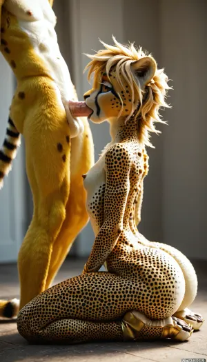 (anthro Cheetah girl:2), A young cute petite girl with her gigantic ass, (young face), cute face, UHD 8K, cinematic masterpiece, maximum quality, maximum details, natural lighting, 4k, detailed, best quality, detailed eyes, perfect smooth skin, narrow shoulders, a thin body, skinny body, slim waist, tiny waist, small waist, (wide hips:1.5), (big ass:1.5), (gigantic hips:1.5), (long legs:1.3), on her knees, sucking cock on her knees, (kneeling blowjob:1), looking back over her shoulder