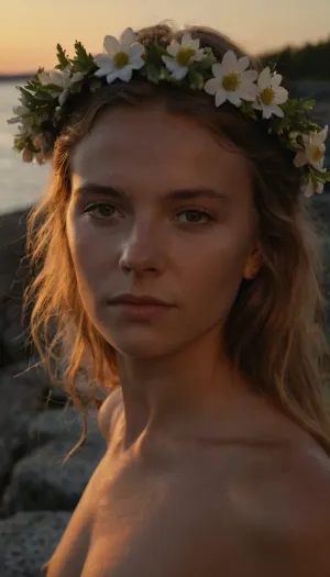 portrait of a young woman, swedish, flatchested, flower wreath in hair, naked, during white night, midsommar, on a rocky skerry.