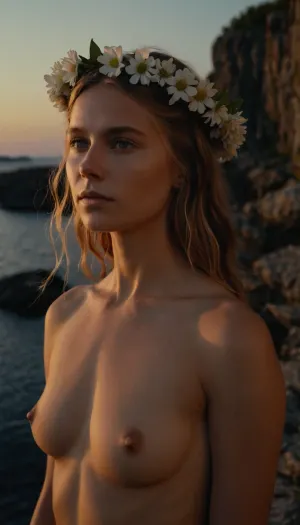 half-body portrait of a young woman, swedish, flatchested, flower wreath in hair, naked, during white night, midsommar, on a rocky skerry.
