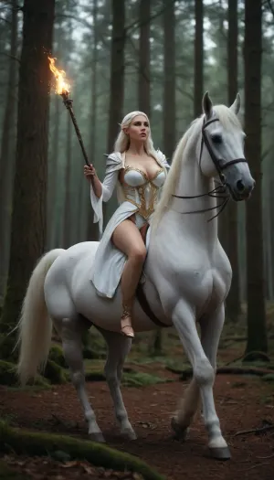 fantasy context, a tall elf wizard woman, huge breasts, very high heels, wings, she is riding in a forest a white horse, she has a staff in her hand and is casting a spell