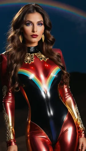 ((30yo brunette, very long wavy hair, Perfect face, (rainbow_make-up), big saggy tits), perfect nipples, perfect pussy), (((Black+gold ornaments latex crotchless bodysuit without cups)), full body visible. Gold high heels), (Sci-fi, spaceship, galaxy view), (photographed by a Nikon Z7 II Camera), high resolution, high detailed, (((red glowing indian electric android body))), A giant spaceship emerges from hyperspace near Earth. The Milky Way and Sol are clearly visible