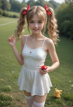 (masterpiece, best quality, high resolution, photorealistic, cinematic lighting), 1 girl, (Pokemon trainer), age 18, standing and holding a pokeball in her hand, white skin, very cute, happy smiling face, (golden blonde hair), (long hair), (curly hair), (twintails hairstyle), hair ribbons, skinny, short waisted, petite, (natural medium breasts), (wearing a form fitting sleeveless mini dress), (wearing silk stockings up to her knees), tennis shoes, in a green grassy field, flowers, leafy bushes, ((a Pikachu is in the grass in a battle pose))