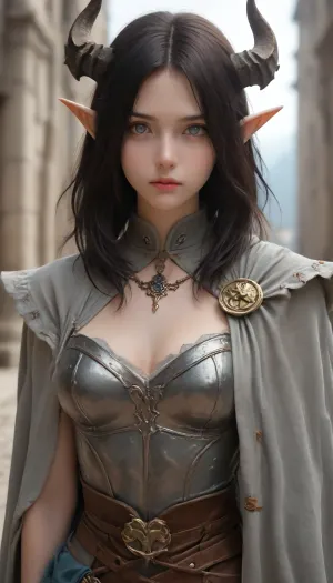 A dark elf girl, (gray skin), 26 years old, with shoulder-length black hair and two horns protruding from her forehead. Silver eyes. Her gaze is cold and determined. She is dressed in a light dark leather cape with a missing right sleeve, which shows that the girl is missing her right arm, which is replaced by a high-quality prosthesis made of black metal and elements of magic in the style of dark fantasy. Concept art. Arcane style., <lora:[XL]The_moonlight_over_the_lotus_pond:.8>, NightElf, in, armor, diadem, horns, <lora:NightElfXL01-000005:.8>