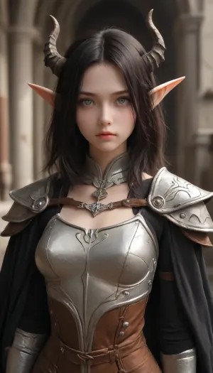 A dark elf girl, (dark gray skin), 26 years old, with shoulder-length black hair and two horns protruding from her forehead. Silver eyes. Her gaze is cold and determined. She is dressed in a light dark leather cape with a missing right sleeve, which shows that the girl is missing her right arm, which is replaced by a high-quality prosthesis made of black metal and elements of magic in the style of dark fantasy. Concept art. Arcane style., <lora:[XL]The_moonlight_over_the_lotus_pond:.8>, NightElf, in, armor, diadem, horns, <lora:NightElfXL01-000005:.8>