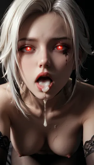 (((bottom view))), solo, UHD 8K, beautiful firm medium tits, arlecchino_\, (genshin_impact\), ((japan)), white hair, Mascara running, ((Red glowing pupils)), ((Black gloves:1.5)), extreme realism, maximum detail, slim figure, detailed skin, real lighting, topless, 1D, seamless, pantyhose, 20D, ((spits a massive load of slimey cum to viewer)), open mouth, eyes closed, ((a massive load of cum dripping from mouth down)), some cum on body, photorealistic, cinematic masterpiece, dark background, mouth full with cum, (sitting on bed), ((cleavage, close-up, bending over)), ((close up on face)), domina, femdon, (((cei))), futuristic-fantasy-anime, <lora:580159_training_data:.5>, <lora:dark:.5>, <lora:arlecchino_new:.5>, <lora:seamless pantyhose-000003:.5>, <lora:futureistic_fantasy_anime_sdxl_v1:.8>
