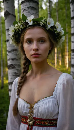 portrait of a young woman, Estonian, perky breasts, flower wreath in hair, traditional Estonian dress, during white night, in a birch forest, thick white cum on face., woman, cum, on, face, <lora:JustCum:1.1>