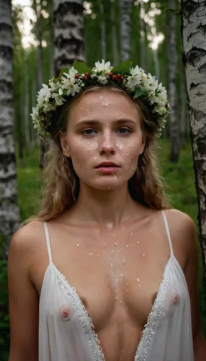 portrait of a young woman, Estonian, perky breasts, flower wreath in hair, traditional Estonian dress, during white night, in a birch forest, (cum on face, thick white cum:1.2), ., woman, cum, on, face, <lora:JustCum:1.2>