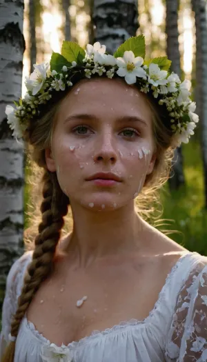 portrait of a young woman, Estonian, perky breasts, flower wreath in hair, traditional Estonian dress, during white night, in a birch forest, (cum on face, thick white cum:1.2), ., woman, cum, on, face, <lora:JustCum:1.2>