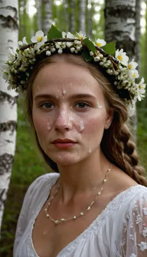 portrait of a young woman, Estonian, perky breasts, flower wreath in hair, traditional Estonian dress, during white night, in a birch forest, (cum on face, thick white cum:1.2), ., woman, cum, on, face, <lora:JustCum:1.2>