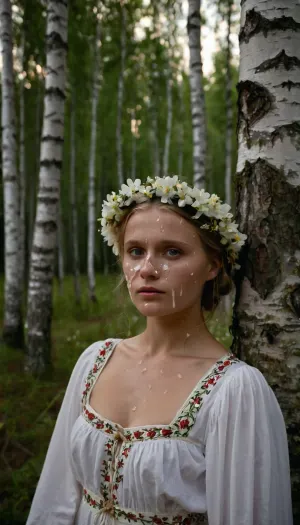 full-body portrait of a young woman, Estonian, perky breasts, flower wreath in hair, traditional Estonian dress, during white night, in a birch forest, (cum on face, thick white cum:1.2), ., woman, cum, on, face, <lora:JustCum:1.2>