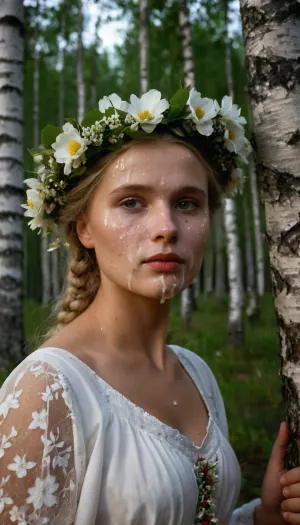 full-body picture of a young woman, Estonian, flower wreath in hair, traditional Estonian dress, during white night, in a birch forest, (cum on face, thick white cum:1.2), ., woman, cum, on, face, <lora:JustCum:1.2>
