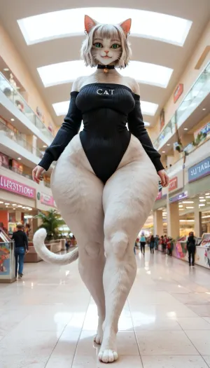 (anthro cat girl:2), Dumb slut, petite torso with massive ass, (sexy girl), (medium saggy natural breasts), (massive fat ass), thigh gap, (incredibly thick legs:1.8), (super thick furry thighs), (incredibly wide hips:1.6), (bottom heavy), (long legs:1.2), mini sweater, long cat feet, (very tight micro tube top), walking through a mall, full body, eye level angle, front view, <lora:milkers_v2:.5>