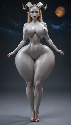 Soft skin, (grey skin:1), alien futanari girl, shiny skin beautiful face, ornate horns, no hair, head crest, (tiny waist:1.5), (oversized thick thighs:1.5), enormous bare rounded breasts, exposed navel, stomach exposed, bitting lip, waist, bimbo lips, (oversized wide hips:1.5), space background, (ultra long legs:1), full body shot, huge long thick veiny futa cock