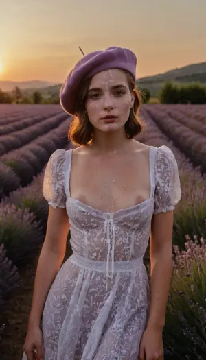 full-body portrait of a young woman, French, perky breasts, beret, dress, during sunset, in a lavender field., (cum on face, thick white cum:1.2), ., woman, cum, on, face, <lora:JustCum:1.2>
