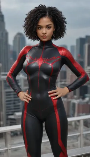 (masterpiece, best quality, absurdres), 1girl, solo, cowboy shot, sw2099, red eyes, dark-skinned female, looking at viewer, hands on hips, glowing, intricate black bodysuit, muscular, outdoors, New York city Time Square below, night, on rooftop., tyxla, ohwx, woman, spiderman, ps4, spider, web, printing, red, bodysuit, <lora:tyla_juggerX_xl_1_st_wocap-tyxla-000086:.7>, <lora:madison_beer_lora_128:.3>, <lora:d0429b4d-4b02-4aad-b9e8-d20d30298f9f (1):.5>