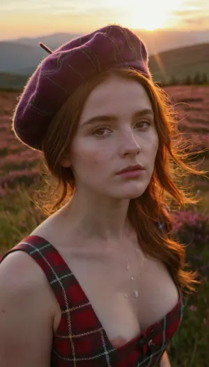portrait of a young woman, Scottish, perky breasts, tartan beret, tartan dress, during sunrise, in a heather meadow in the Scottsih highlands., (cum on face, thick white cum:1.2), ., woman, cum, on, face, <lora:JustCum:1.2>