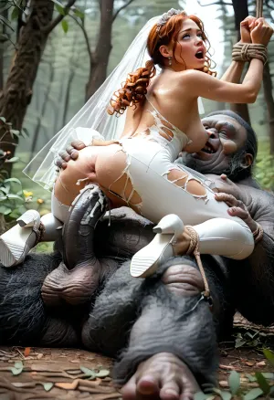 in a forest, (Beauty girl, ginger hair, curly hair, pigtails), (((wedding dress))), (((2boy))), ((((big ugly gorilla))), monster), ((((back cowgirl Double penetration)))), (big penis:1.3), (her hands are bound:1.5), rape, (natural body:1.2), big blue eyes, (intense pleasure moaning, mouth opened:1.2), (natural breasts:1.2), (vaginal creampie:1.2), (shaved pussy:1.3), (Perfect pussy, 1.2), (very sweaty), ((torn clothes:1.5)), (visible tits:1.5), (female full body shot:2), (side view angle:1.5), girl focus, (High, Resolution), (More, Details), (8K), <lora:add-detail-xl:1>, <lora:sunnyrayyxo_v1_SDXLBase:.7>, <lora:checkpoint-e100_s400:1.9>