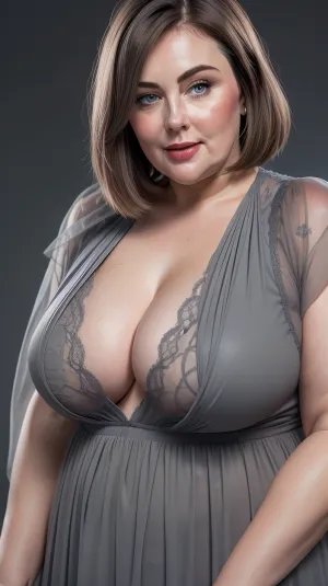 (Close-up:1.7), face focused, portrait photo a mature chubby woman, perfect face, fat oversized huge bosom, enormous limp hanging boobs, (hard nipples:1.3), oversized lacy cloths, dreamy tulle, presenting bosom, fat round face, flushed cheeks, double chin, strong jawline, strong broad fat shoulders, fat strong arms, 50 years old Woman, blue eyes, (light chestnut pixie haircut), (straight hair), joyful smile, looking at viewer, (solid dark grey background:1.3), low level shoot, film grain, style by Flora Borsi, OverallDetail, downblouse, loose, t-shirt, leaning, forward, pokies, <lora:Lora_Srabonti2023-X4:.2>, <lora:downblouse-v1:.6>, <lora:weight_slider_v2:.8>, <lora:age_slider_v20:.8>