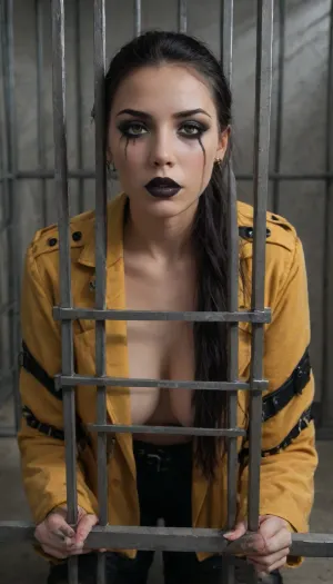 Realistic foto, raw, high quality, solo sexy 24yo, ((girl captured, jailed inside a massive steel cage:1.7), (gothic girl, slave, submissive, perfect body, dark makeup, black shadow eyes, dark long eyeliner, dark black lips, long dark black hair, ponytail, very long open yellow coat, black leather gloves, big voluptuous boobs, high black leather laced boots over her knee, bare breasts, wrapped, pierced nipples, straps, bdsm full-body-harness, garters, tattooed, golden earrings, beautiful legs, realistic face, looking lascivious)), (very high abandoned factory hall, cables, dirty windows, broken glass, dusty, sunlight:1.2), sharp focus, amazing details, low sidelight, only light from outside, rule of thirds, (((view from outside the cage, view full body)))