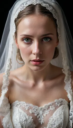 A surreal, high-fashion wedding portrait of an sweden bride standing in a traditional pose, wearing a classic white bridal gown and lace veil. Her entire head—including her face, eyes, mouth, hair, and veil—is completely and heavily covered in thick, glossy, dripping slime. The slime is semi-transparent, with pearlescent silver and neon green hues, fully obscuring her facial features beneath a smooth, wet surface. It pours from above, clinging to her head and cascading down her body. The rest of the bridal scene, (dress, background, lighting), is elegant and traditional, with soft cinematic lighting and a black velvet or neutral studio backdrop, creating a striking contrast between beauty and surreal chaos. The image is mysterious, avant-garde, and visually intense—perfect for conceptual fashion or experimental wedding photography. close_up_detailed_shot_of1, <lora:close_up_detailed_shot_of1:1.4>, <lora:SimplePositive_XL_v1_AutoRunMech:.8>, upside, down, one, face, <lora:face_upsidedown:.8>