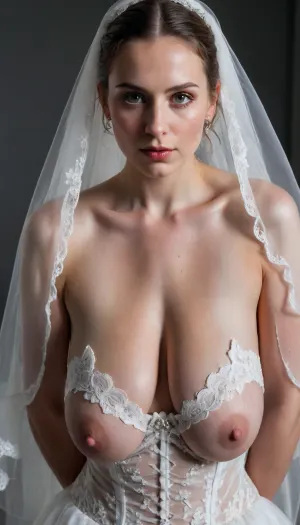 A surreal, high-fashion wedding portrait of an sweden slutty bride standing in a provocation pose, wearing a classic white bridal gown and lace veil. Her entire head—including her face, eyes, mouth, hair, and veil—is completely and heavily covered in thick, glossy, dripping slime. The slime is semi-transparent, with pearlescent silver and neon green hues, fully obscuring her facial features beneath a smooth, wet surface. It pours from above, clinging to her head and cascading down her body. The rest of the bridal scene, (dress, background, lighting), is elegant and traditional, with soft cinematic lighting and a black velvet or neutral studio backdrop, creating a striking contrast between beauty and surreal chaos. The image is mysterious, avant-garde, and visually intense—perfect for conceptual fashion or experimental wedding photography. close_up_detailed_shot_of1, upside, down, one, face, sagging, breasts, <lora:close_up_detailed_shot_of1:1.4>, <lora:SimplePositive_XL_v1_AutoRunMech:.8>, <lora:face_upsidedown:.8>, <lora:sagging-000015:.6>