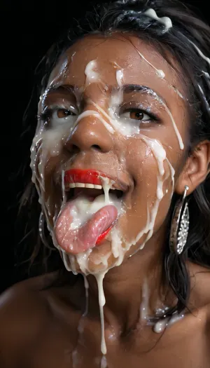 close up view of a black african woman's mouth, full of cum, (looking at viewer), naked, (Cum details), realistic cum, Prominent cum, (white cum:1.7), (Cum flows:1.2), cum on head, (cum on face:1.3), bukkake, cum, face, Face covered in cum, (A lot of cum:1.5), long smooth black hair, (detailed brown eye), (the eyes are smiling), (detailed iris), (detailed mouth), (open mouth), (extended tongue), full lips, red lipstick, black background, <lora:JustCum:.9>, <lora:cum_in_eye_deepmind:.9>