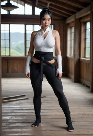 Full body, Kunoichi, extremely large breasts, extremely large ass, extremely large hips, extremely thin waist, extreme hourglass figure, top heavy, bottom heavy, front heavy, back heavy, athletic, Asian woman, straight black hair in ponytail, black and gray ninja attire, arms wrapped in white bandages, in a dusty old attic