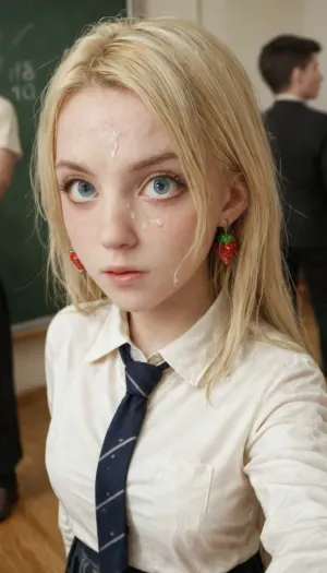Cum on face, facial cum, high school uniform, selfie, 18 year old female, used condom on face, blonde hair, loose hair, annoyed female, black pantyhose, classroom, hogwarts school uniform, luna, lovegood, shocked, nonplussed, <lora:luna lovegood:1>, <lora:shocked:.8>, <lora:crowd_notrigger:.8>