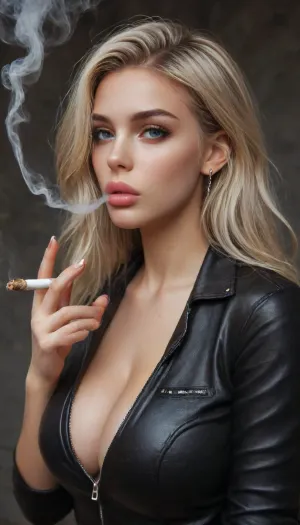 LikeKaley Cuoco, blonde thick woman, leather jumpsuit, great cleevage, huge tits, disgusting face, Atomictits, smoking, smoke, coming, out, of, the, mouth, <lora:AtomictitsXL:1.5>, <lora:Smoking_Babes_XL_V2:.8>