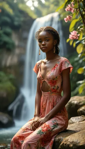 Candid photo, 18 year old Nigerian girl, solo, serious face, morning, (athletic chest:1.4), (she is wearing a Short Sleeve Summer Floral Dress V Neck Daily Going Out Vacation Midi A-Line dress), Sits by a waterfall in the Amazon Jungle, Canteen of water on a rock, (golden earrings:1.1), (diamond wrist bracelets:1.1), <lora:MJ52:.8>, <lora:403324_training_data:.8>, flat, chested, <lora:flat_chested_v3.5:.8>