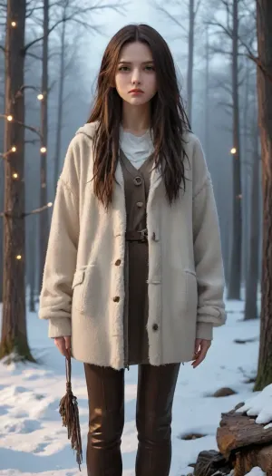 A mutant ice man and a 24-year-old woman in a gloomy winter forest, dressed in natural materials, (woven fibers or tanned leather), and a thick animal skin draped around their necks. The girl has extremely long white dreadlocks arranged in an intricate hairstyle with braids and bone beads. She wears thigh, high boots with thick soles, worn and practical. The setting is a bleak, frost-covered forest, dead trees with icicles, faint lights like the northern Lights in a smoggy sky, and a light snowfall. The girl and her ice mutant, completely consisting of ice. \, (rough skin, fluffy fur, cracked wood), and muted colors \, (cream, brown, ash), . \ \ \, gray, with pale, snowy contrasts . Style, harsh realism with a touch of pristine beauty in a decaying world.
